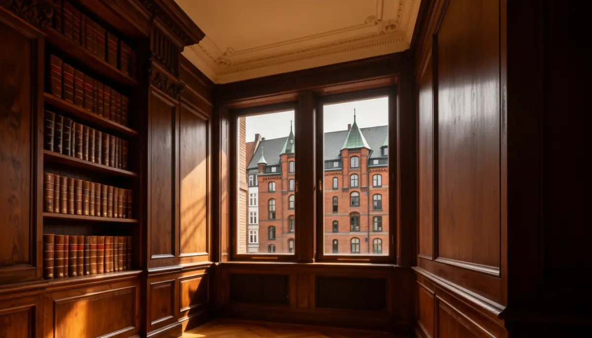 Panelled library with a view of the Speicherstadt