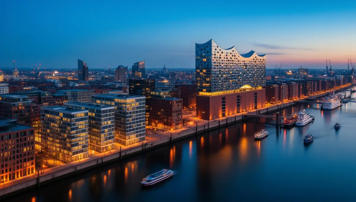 Hamburg harbour and Elbphilharmonie at night