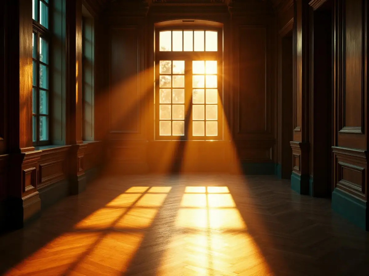 Light falling into a panelled office