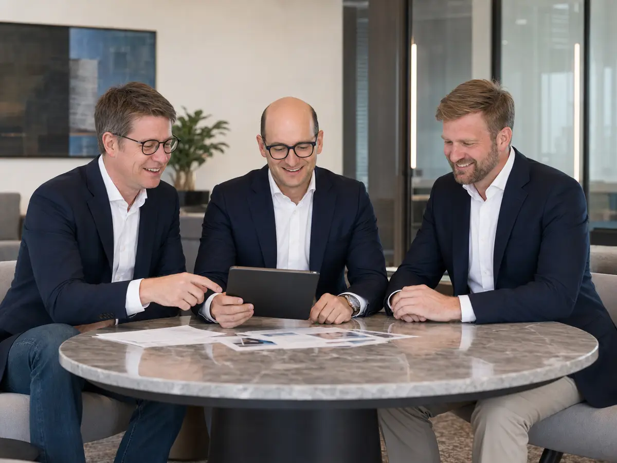 The Managing Partners reviewing a deal on a tablet