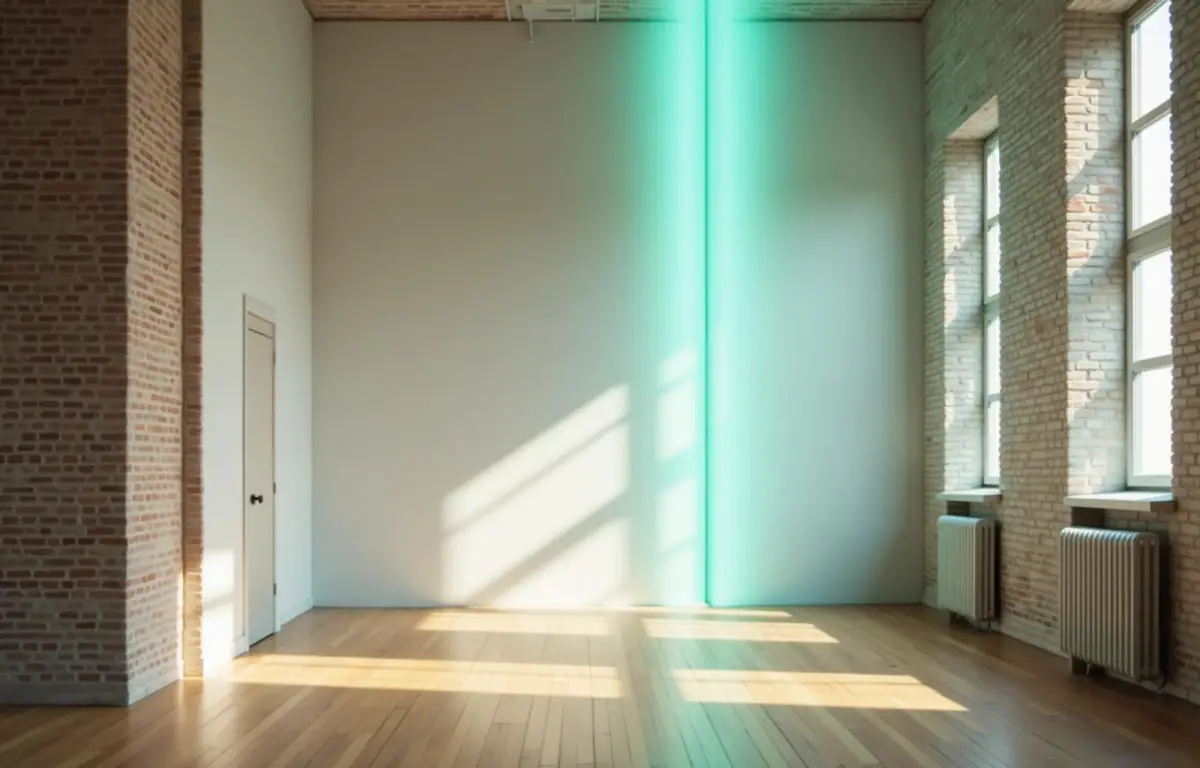 Bright office space with a turquoise light line