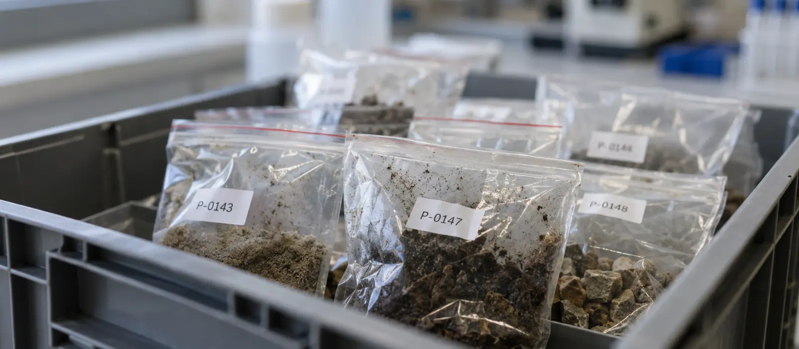 Materialproben auf dem Weg ins Labor für ein Schadstoffgutachten