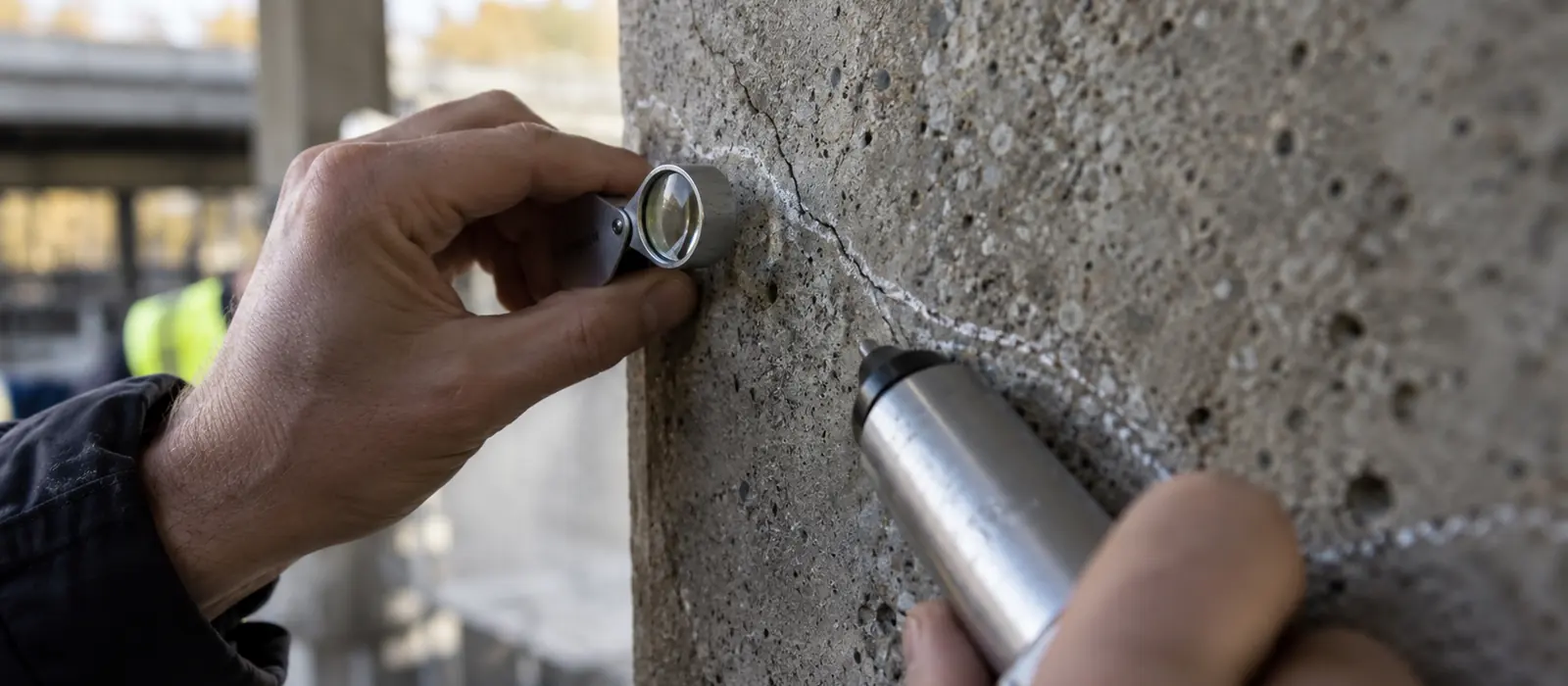 Prüfhammer und Rissmarkierung bei der Bauwerksprüfung