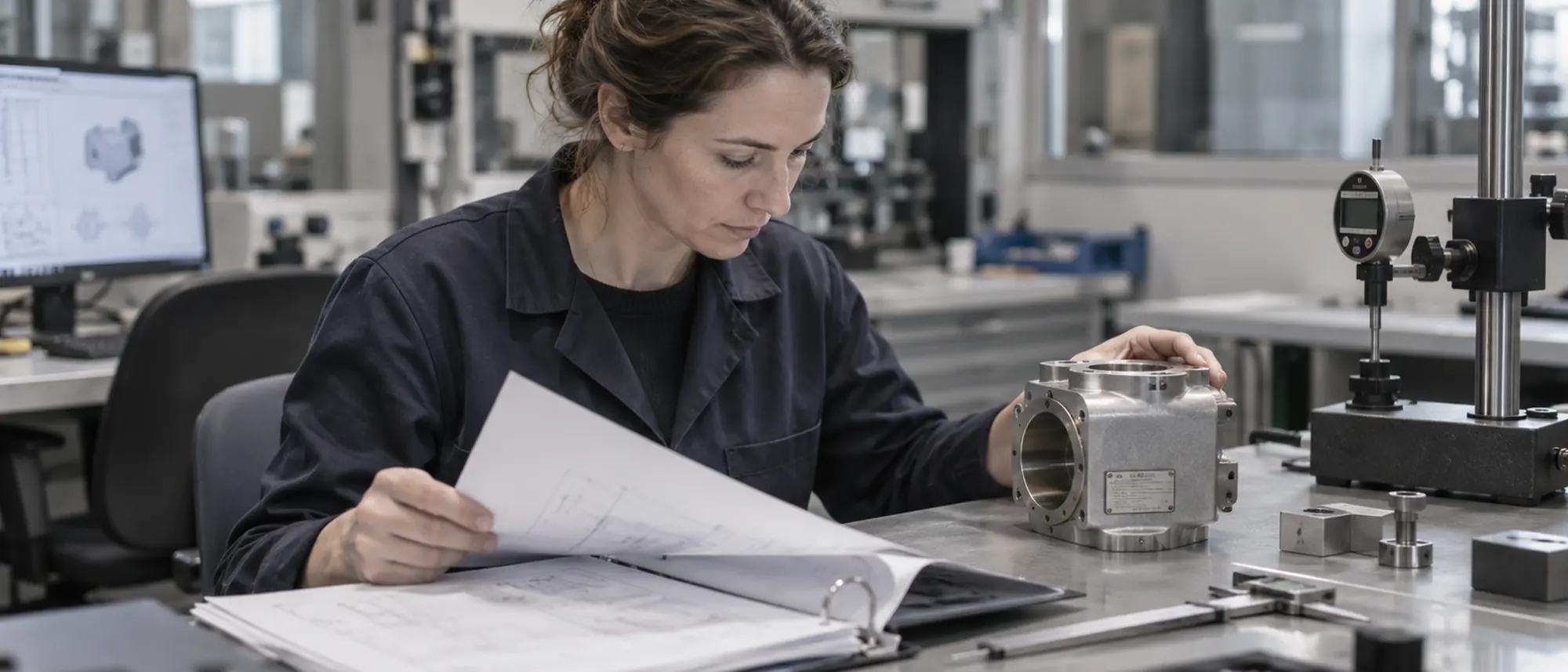 Ingenieurin prüft Produktkonformität und technische Dokumentation