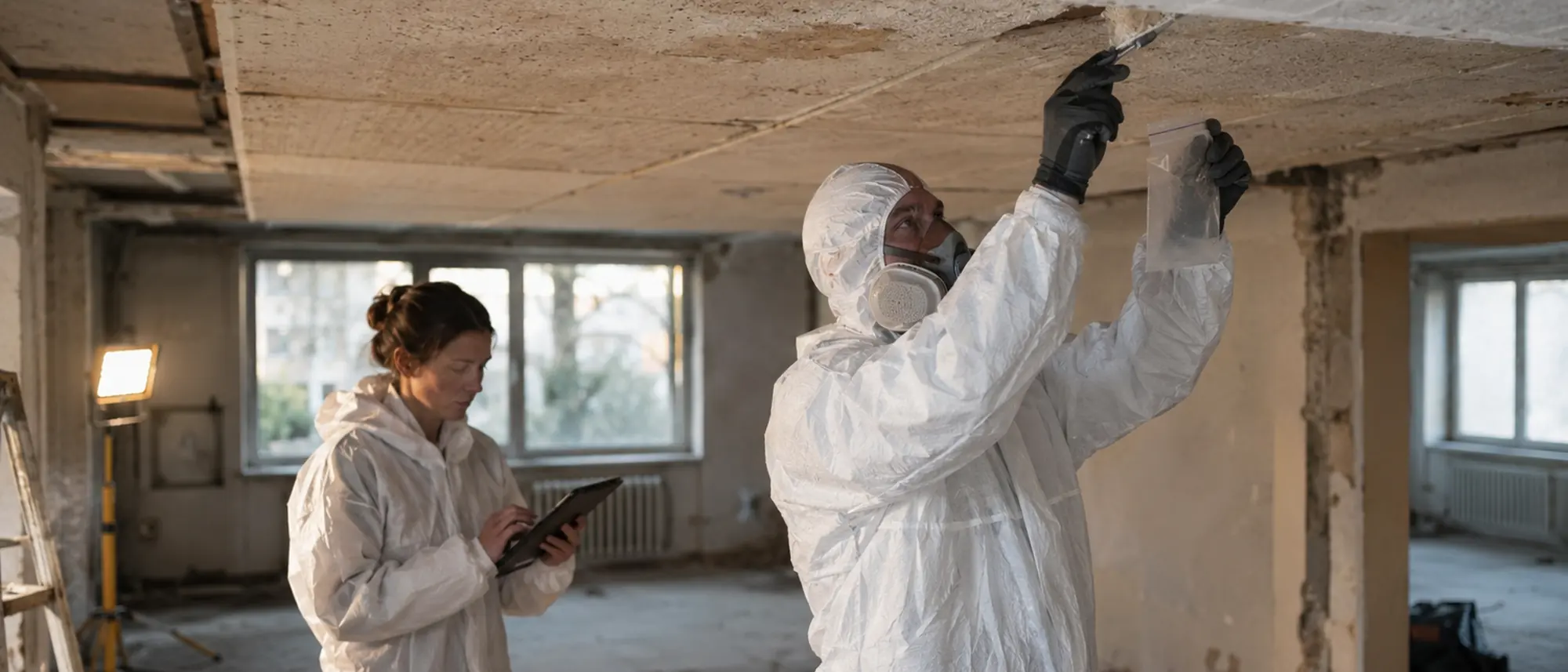 Schadstoffgutachter bei der Probenahme in einem Gebäude vor der Sanierung